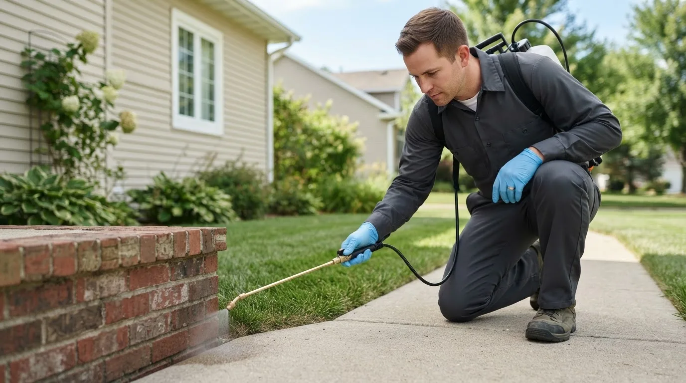 Pest control technician treating a home near Liberty Center, OH