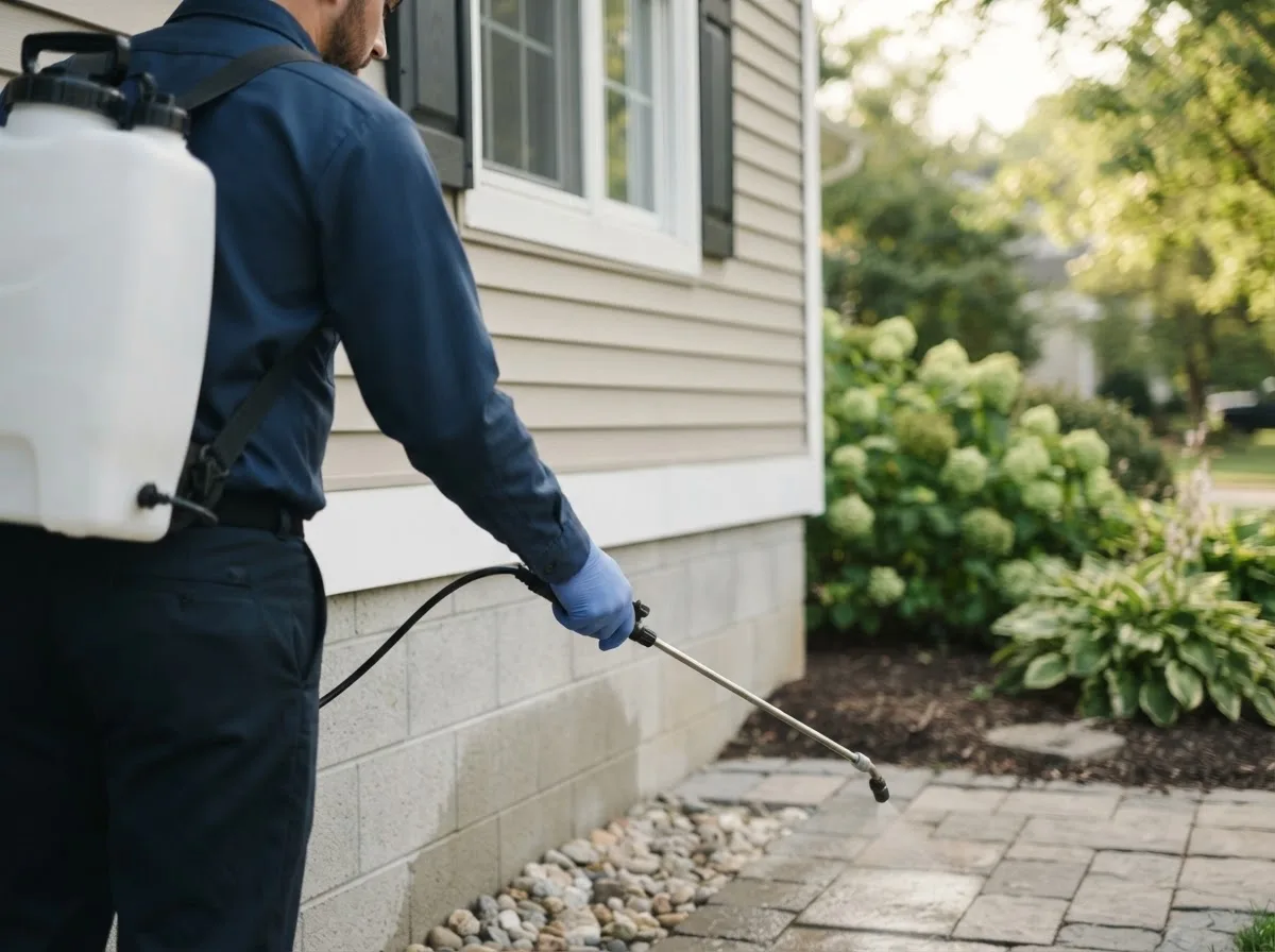 Pest control technician inspecting a home in Liberty Center, OH